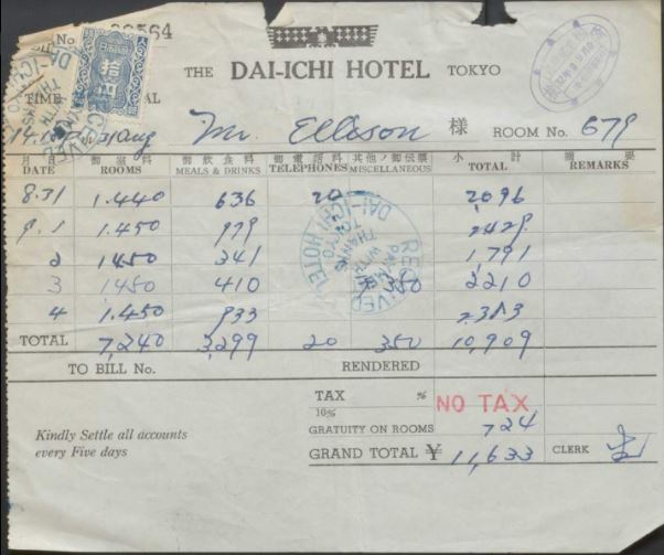 Ralph Ellison's Dai-Itchi Hotel Bill for the first week of September 1957. Photo courtesy of the Ralph Ellison Papers, Manuscript Division, Library of Congress..jpg