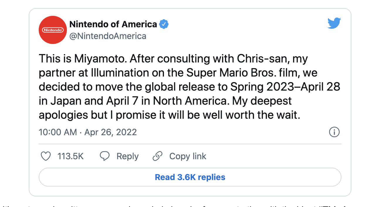 The Mario film has been delayed to 2023